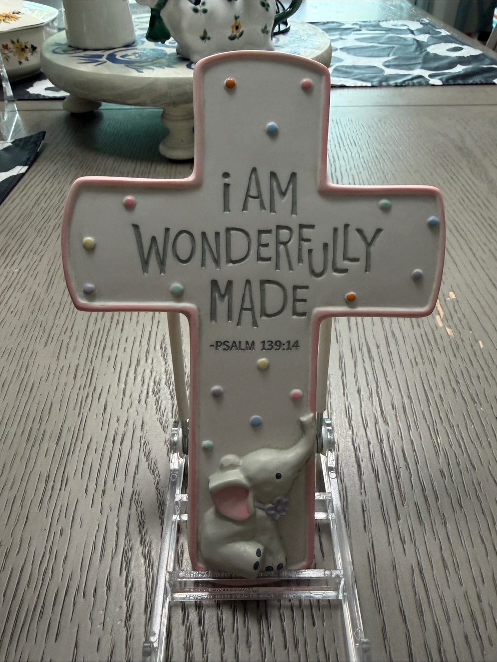 I AM WONDERFULLY MADE Pastel Cross with Elephant Hanging Figurine